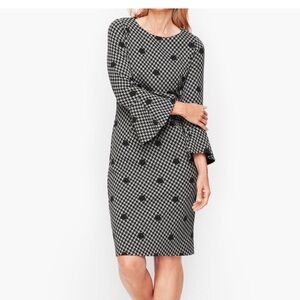 Talbots Houndstooth Sheath Dress Flounce Sleeve Black Gray Knit Stretch Dot Sz 2